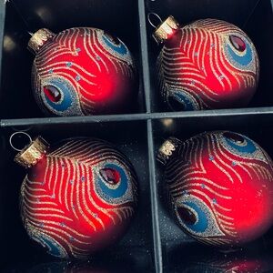 Christian Siriano Red Peacock Glitter Jewel 4 Christmas Holiday Ball Ornaments